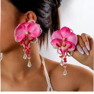 Pink Orchid Flower Earrings